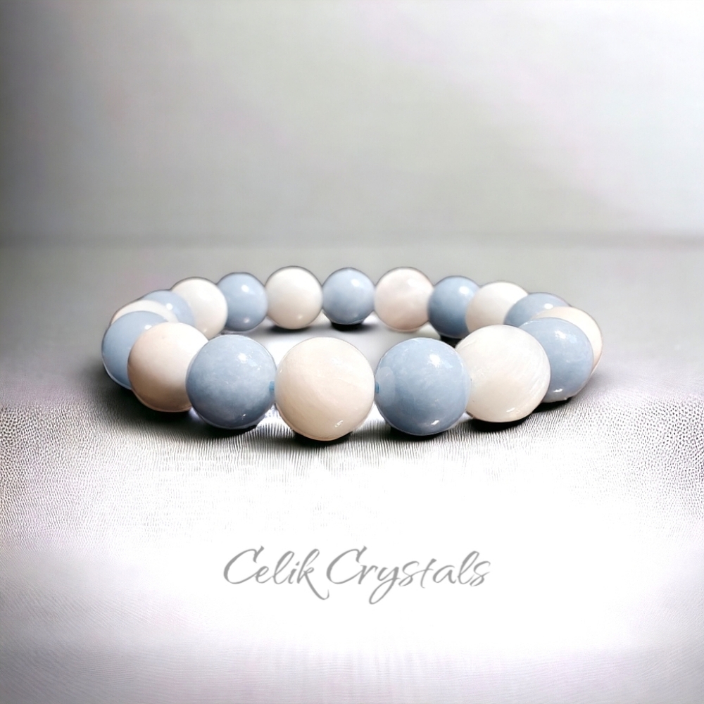 Angelite and Moonstone Healing Bracelet 10mm Natural Stones Stretches - Picture 1 of 7